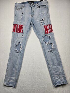 Homme Femme Distressed Light Wash Denim Jeans Red Embroidery Skinny Size 32